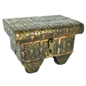 Antique Rustic Old World Hammered Tooled Brass Copper Wood Trinket Box Chest